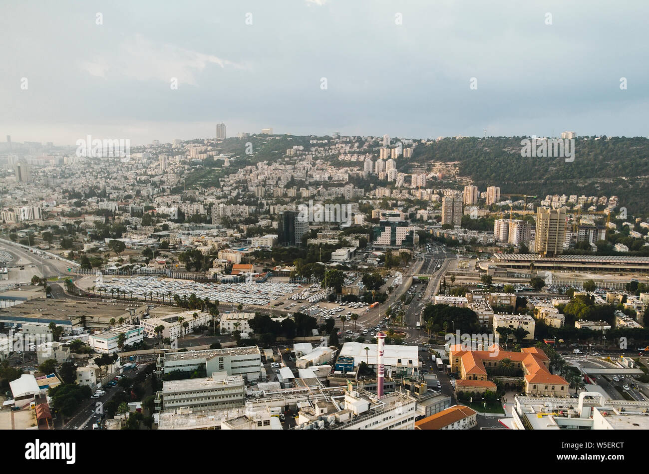 Aerial View of Haifa city, Israel. Scenic panorama of metropolian area of Haifa. City located on Mount Carmel, view on a sunny fine day. Architecture Stock Photo