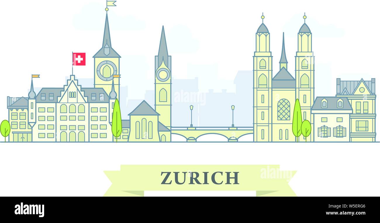 Zurich, Switzerland - old town, city panorama with landmarks of Zurich Stock Vector