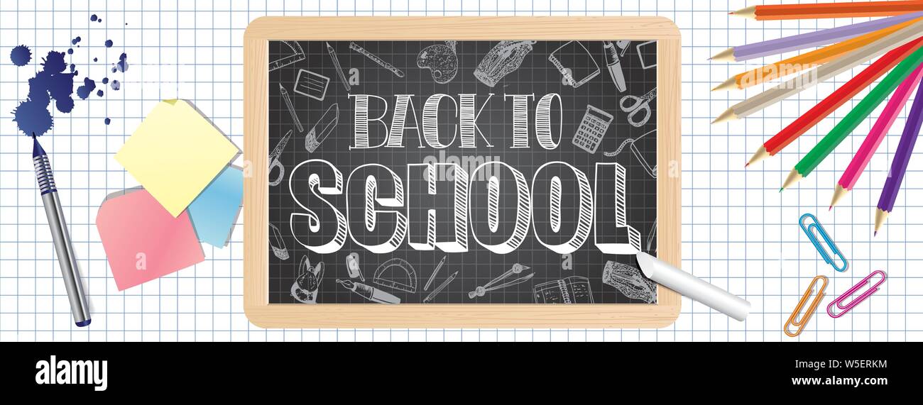 Back to school slate and pencils vector illustration Stock Vector