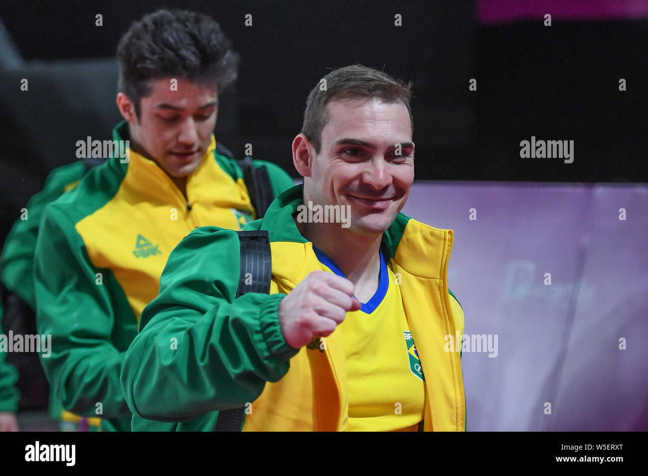 Lima, Peru. 28th July, 2019. ARTHUR ZANETTI from Brazil gestures to someone after competing in the team finals competition held in the Polideportivo Villa El Salvador in Lima, Peru. Credit: Amy Sanderson/ZUMA Wire/Alamy Live News Stock Photo