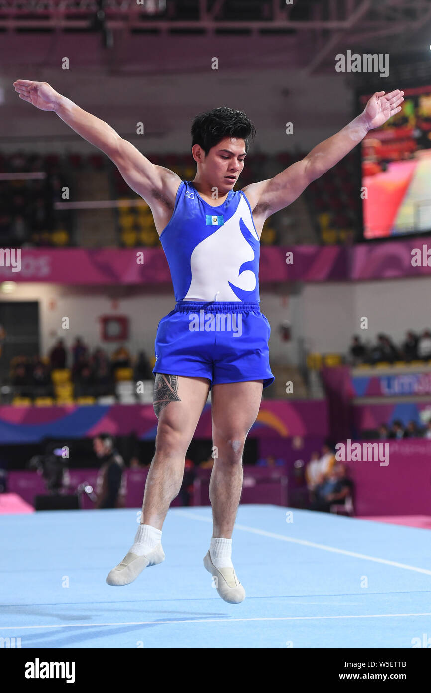 Lima, Peru. 28th July, 2019. JORGE VEGA from Guatemala competes on the floor exercise during the team finals competition held in the Polideportivo Villa El Salvador in Lima, Peru. Credit: Amy Sanderson/ZUMA Wire/Alamy Live News Stock Photo