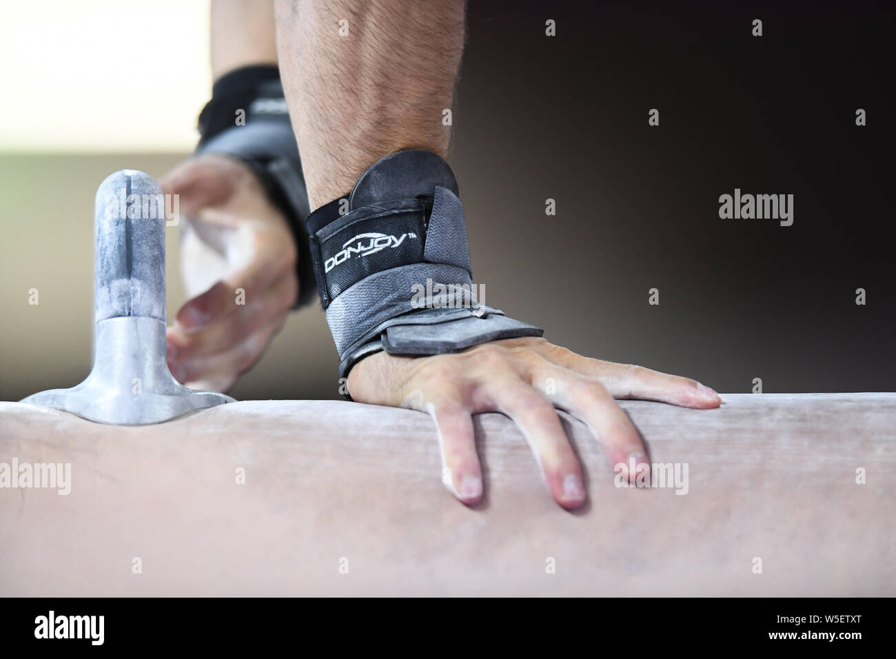 Lima, Peru. 28th July, 2019. A gymnast warms up on the pommel horse during the team finals competition held in the Polideportivo Villa El Salvador in Lima, Peru. Credit: Amy Sanderson/ZUMA Wire/Alamy Live News Stock Photo