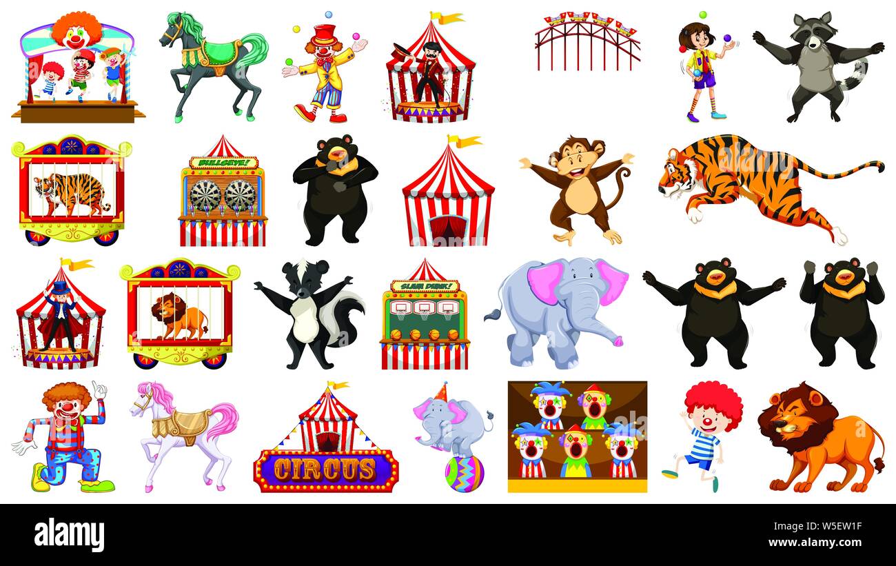 Huge circus collection with mixed animals, people, clowns and rides ...