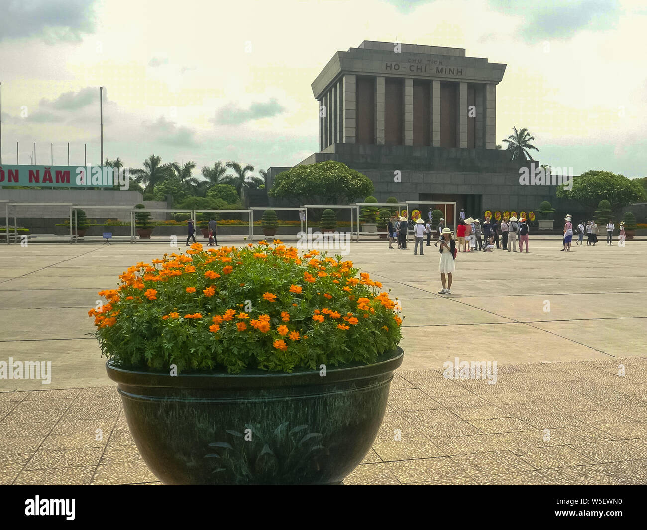 HANOI, VIETNAM JUNE 28, 2017 flowers and ho chi minh's mausoleum in
