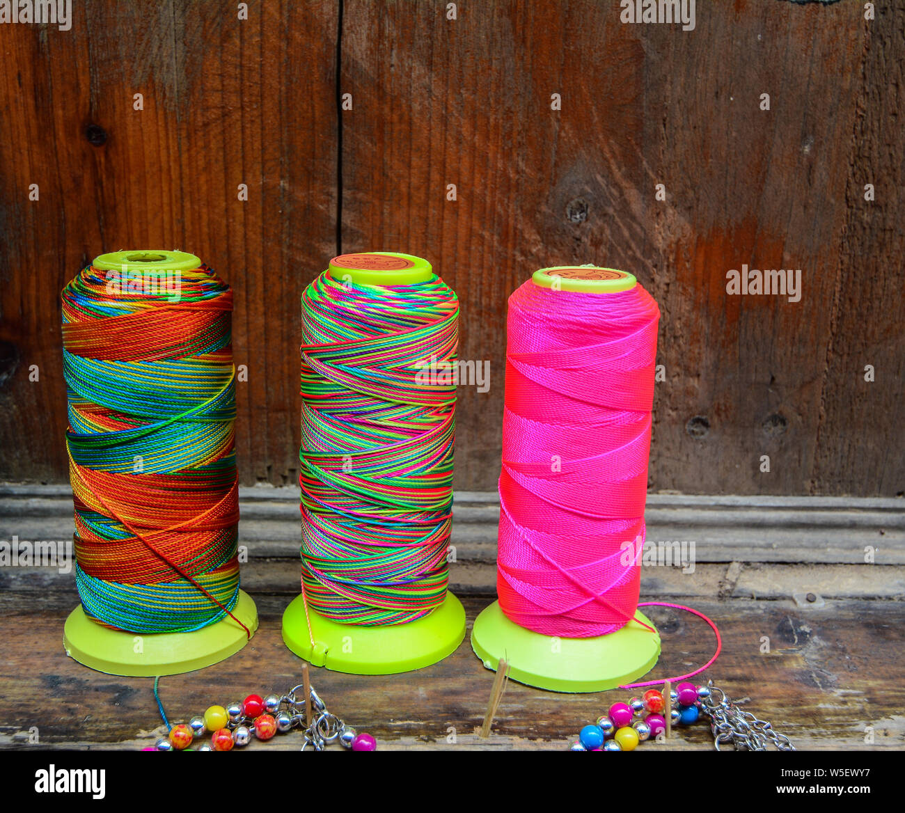 Spools of thread in a tailor shop at the mountain village in Hunan, China. Stock Photo