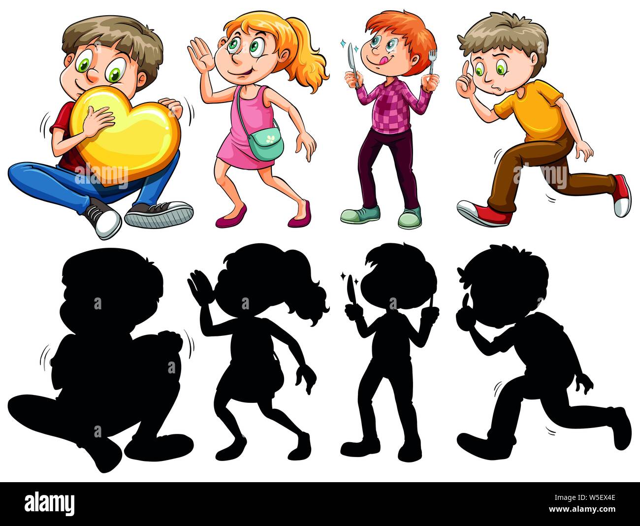 Silhouette, color and outline version of kids in fun actions ...
