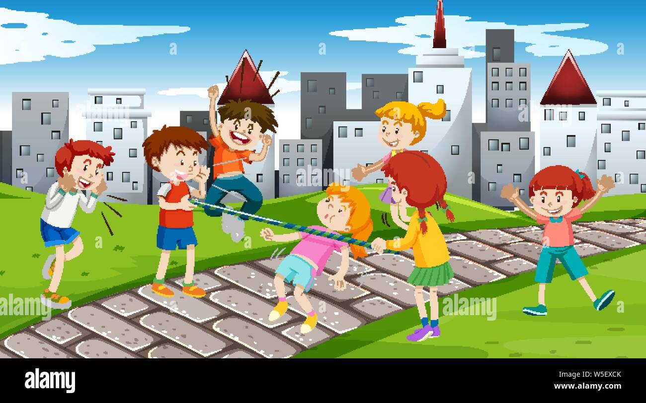 Active kids playing in outdoor scene illustration Stock Vector Image ...