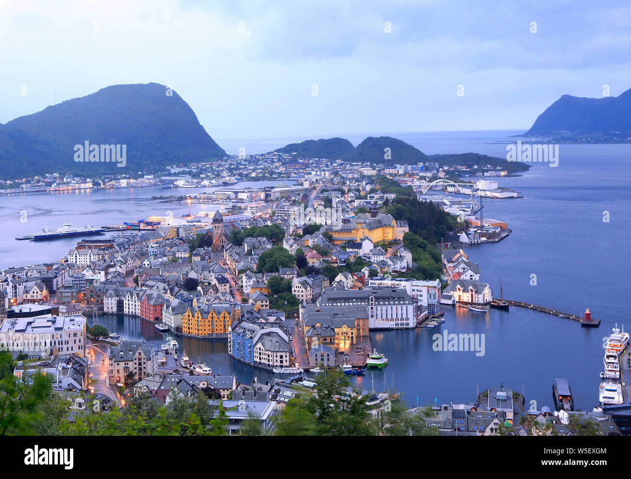 Scenic Alesund skyline architecture at dusk, in Norway Stock Photo