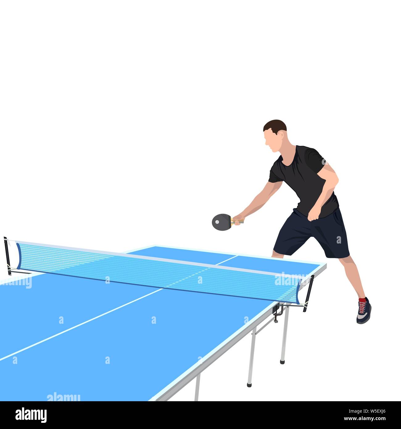 Table tennis player with racket, ball and blue table for ping pong game, vector illustration isolated on white background. Young man playing table ten Stock Vector