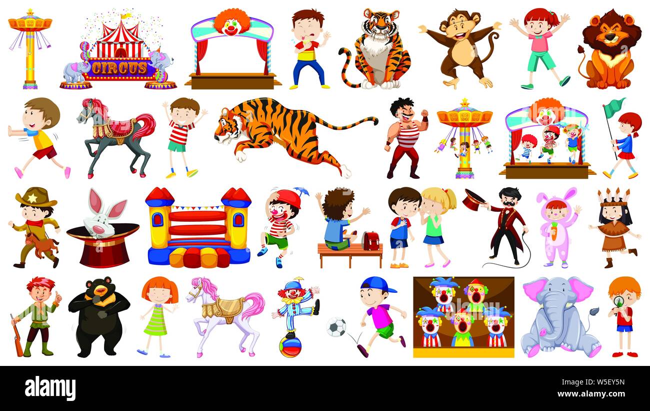 Circus set with animals rides and clowns on isolated background ...
