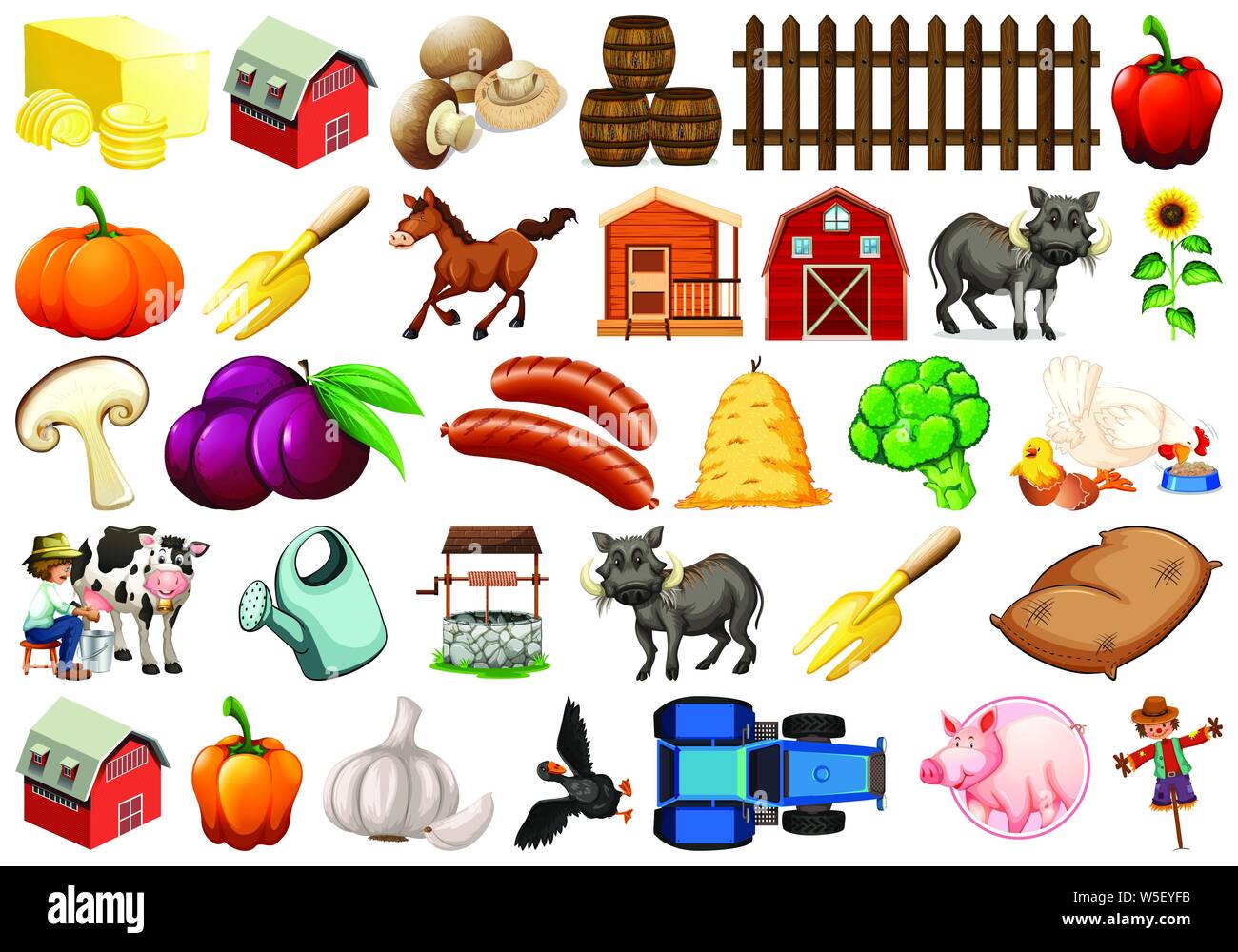 Farm and food set with animals, farmer, cow and various foods illustration Stock Vector