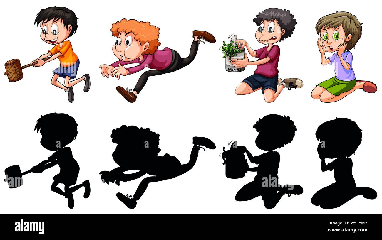 Silhouette, color and outline version of kids in fun actions ...