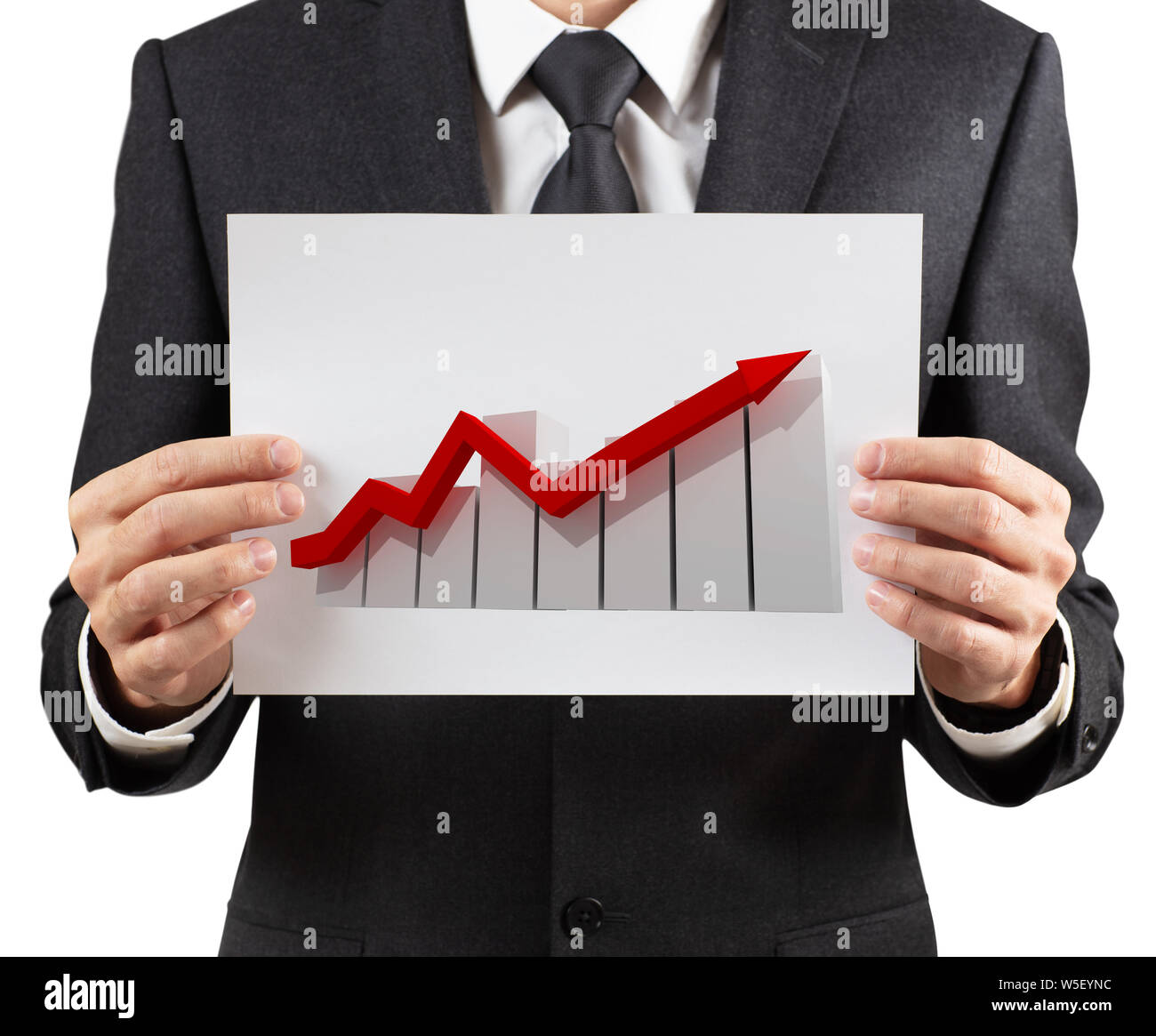 Businessman holds printout with graph and red arrrow. Stock Photo