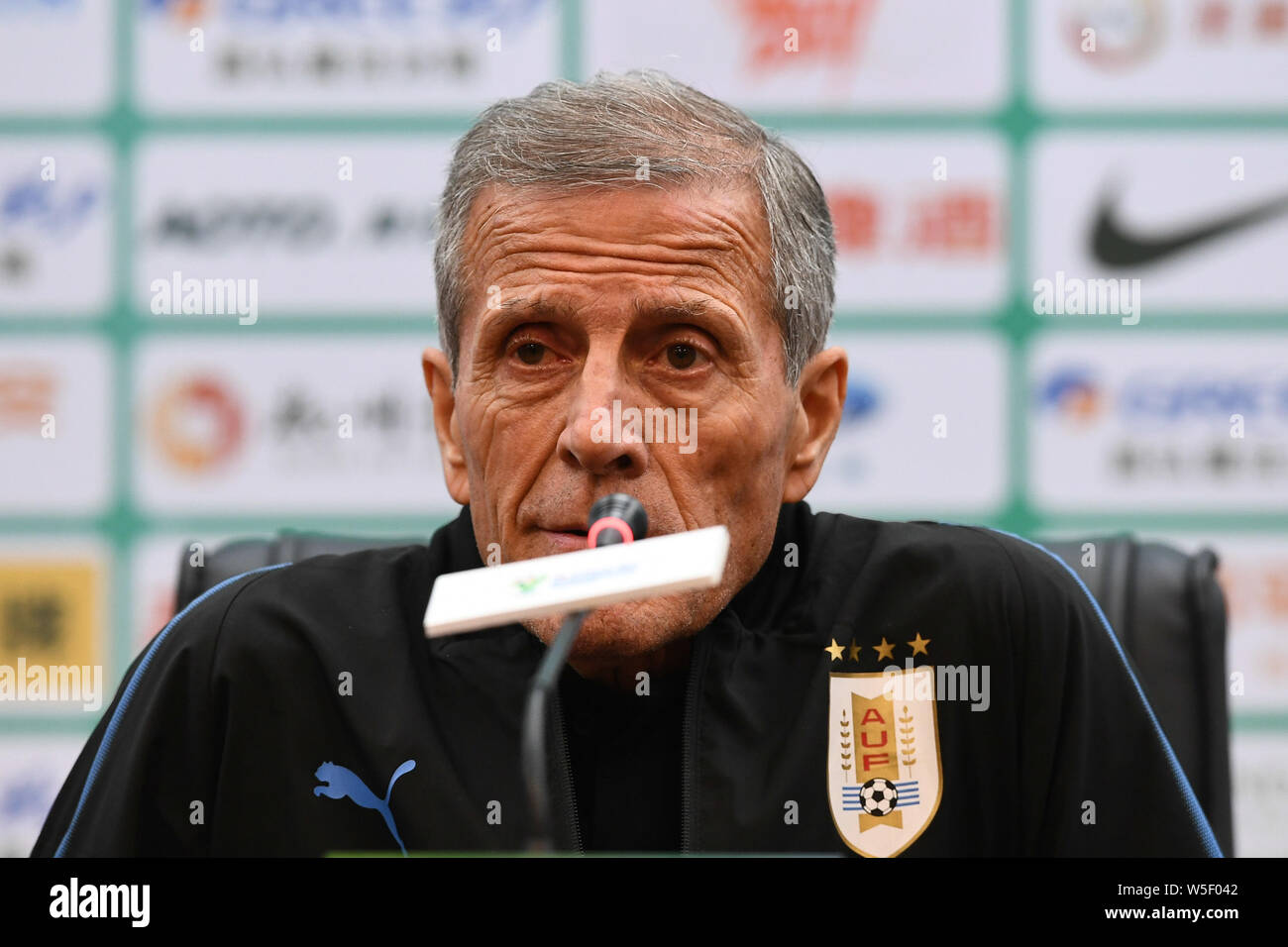 Head coach Oscar Tabarez of Uruguay national football team attends a press conference after defeating Thailand national football team for the 2019 Chi Stock Photo