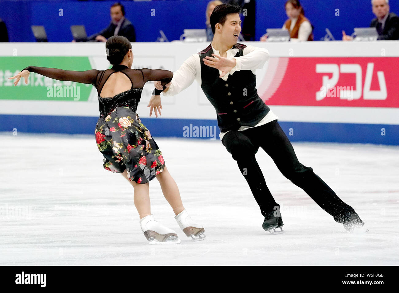 Chinese figure skaters Wang Shiyue and Liu Xinyu compete in the Ice Dance Rhythm Dance of the ISU 2019 World Figure Skating Championships in Saitama, Stock Photo