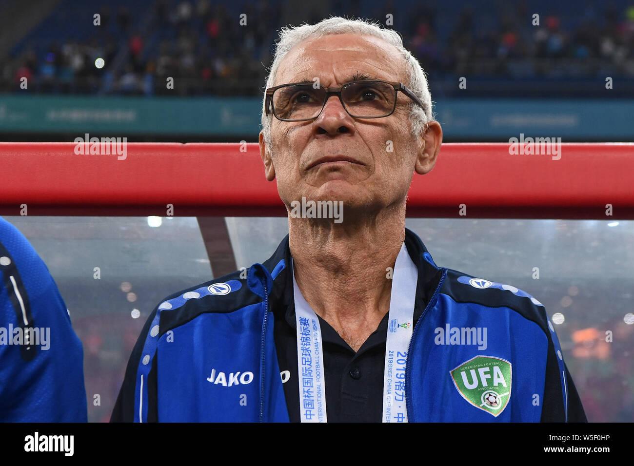 Head coach Hector Cuper of Uzbekistan looks on before their semi-final match of the 2019 China Cup International Football Championship against Uruguay Stock Photo