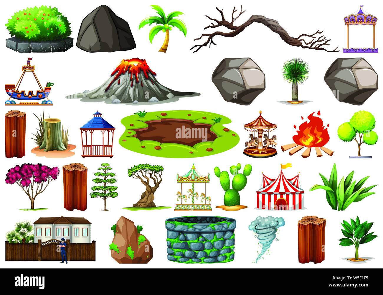 Collection of outdoor nature themed objects and plant elements illustration Stock Vector