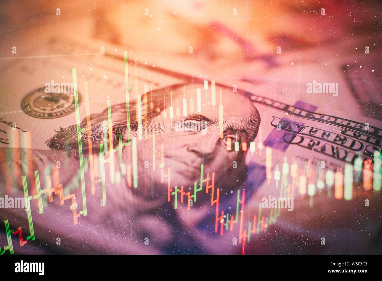 Close up of abstract business chart bars and arrows on dark background with binary code. Stock Photo