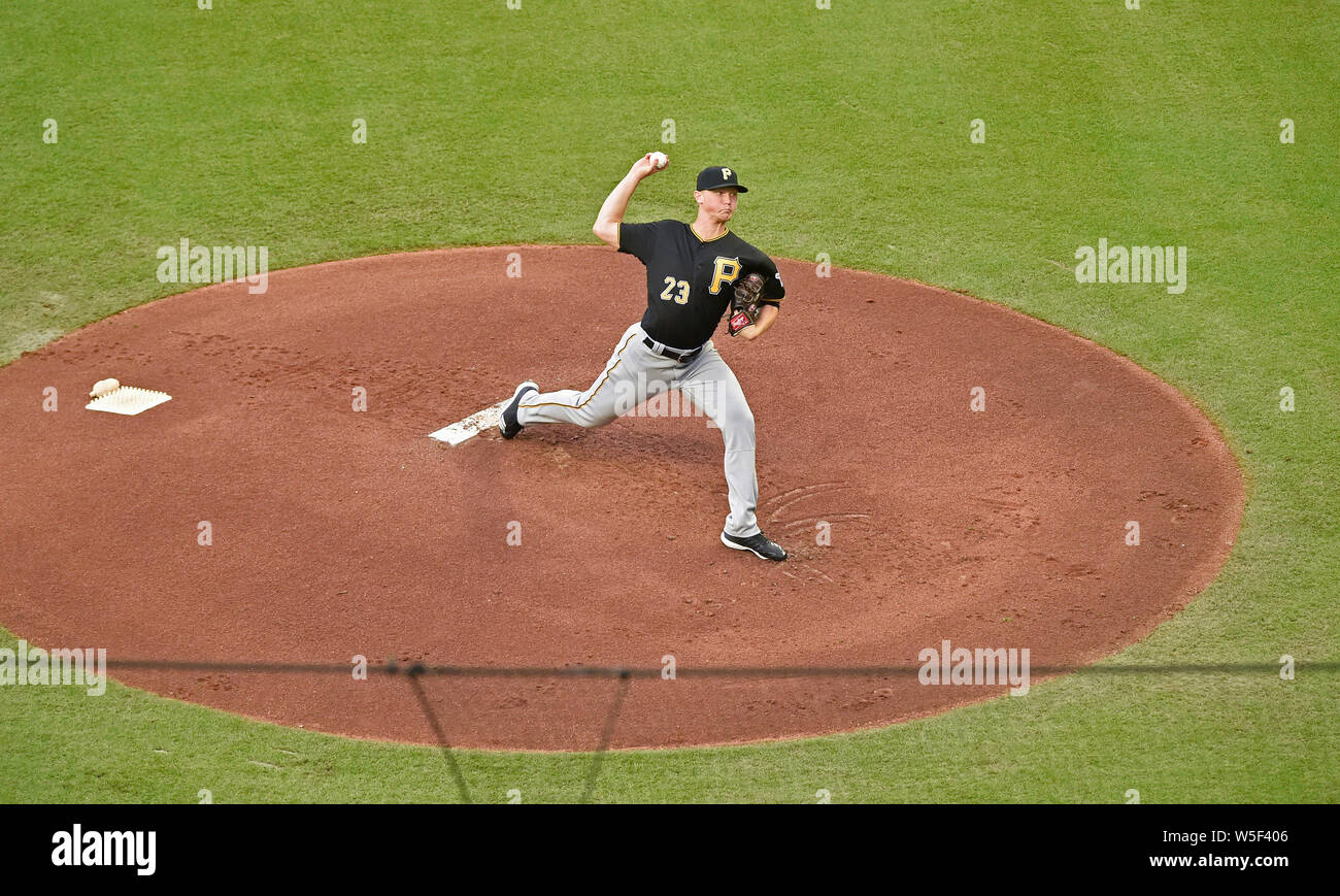 Atlanta, GA, USA. 12th June, 2019. Pittsburgh Pirates pitcher Mitch Keller delivers a pitch during the first inning of a MLB game against the Atlanta Braves at SunTrust Park in Atlanta, GA. Austin McAfee/CSM/Alamy Live News Stock Photo