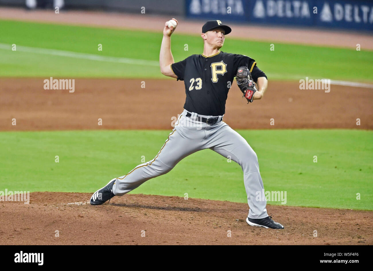 Atlanta, GA, USA. 12th June, 2019. Pittsburgh Pirates pitcher Mitch Keller delivers a pitch during the third inning of a MLB game against the Atlanta Braves at SunTrust Park in Atlanta, GA. Austin McAfee/CSM/Alamy Live News Stock Photo
