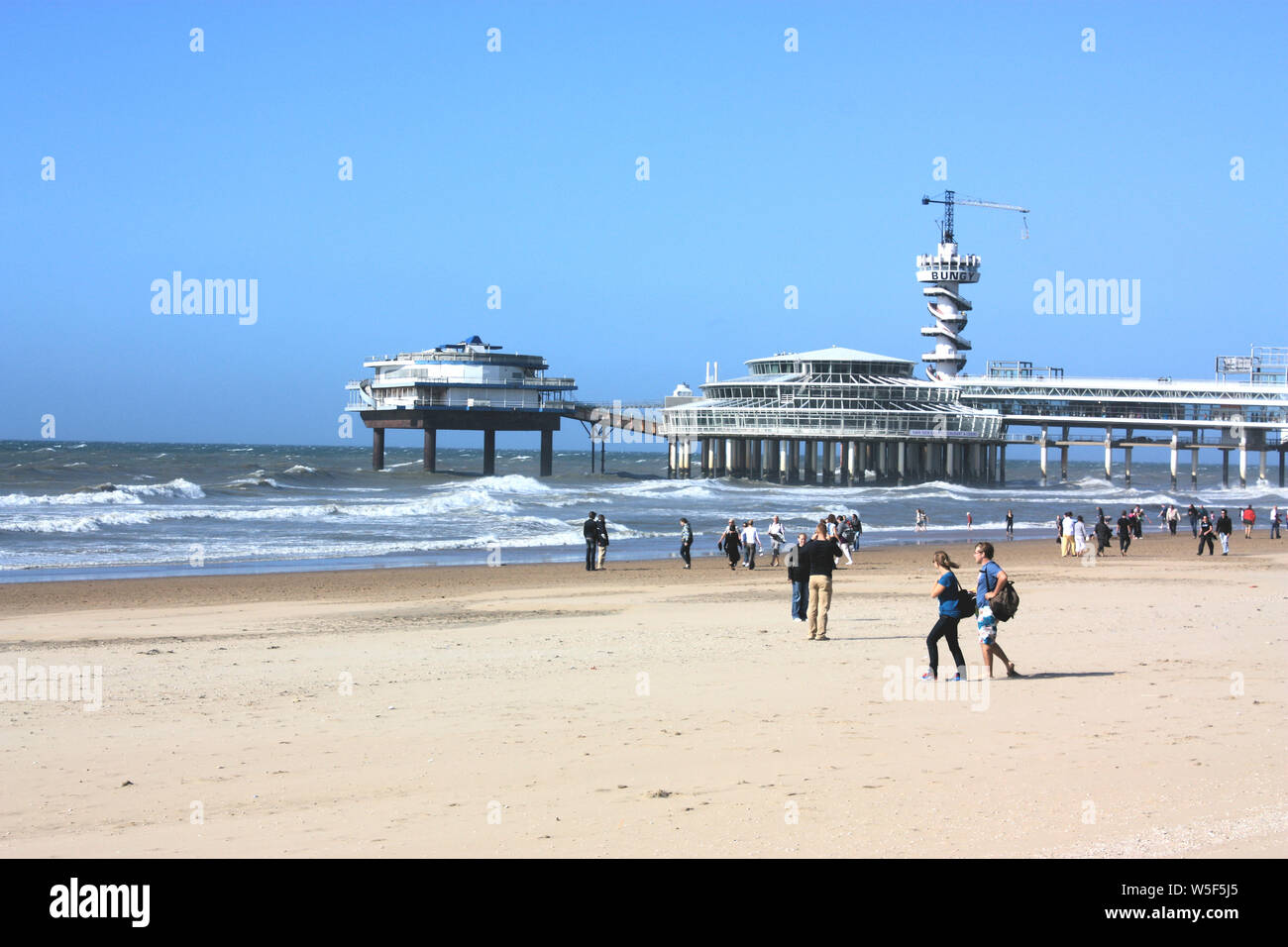 The Pier is one of the most notable icons in Scheveningen. Nearly 400 metres long and 45 metres high, it offers a beautiful view of the sea. Stock Photo
