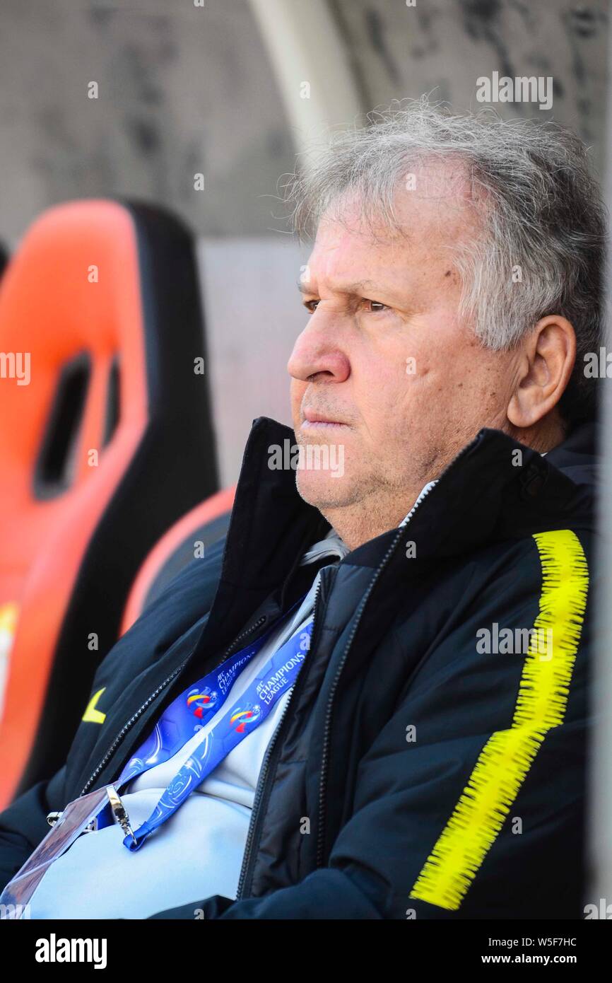 Technical director Arthur Antunes Coimbra, better known as Zico, of Japan's Kashima Antlers F.C. reacts as he watches his players taking part in a tra Stock Photo