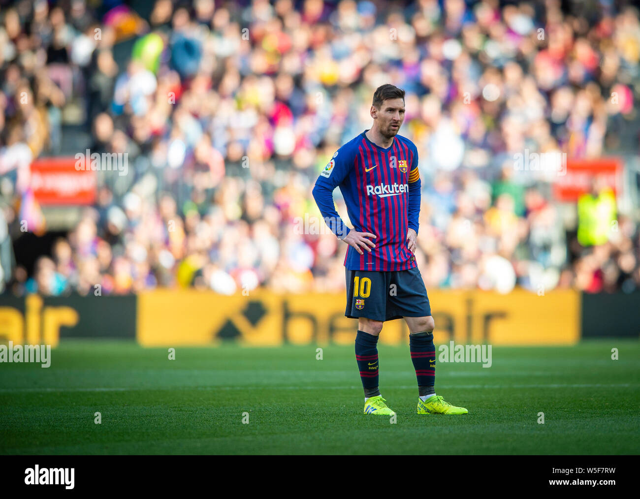 Lionel Messi of FC Barcelona reacts during their 29th round match of the La  Liga 2018-2019 season against RCD Espanyol at Camp Nou Stadium in Barcelon  Stock Photo - Alamy