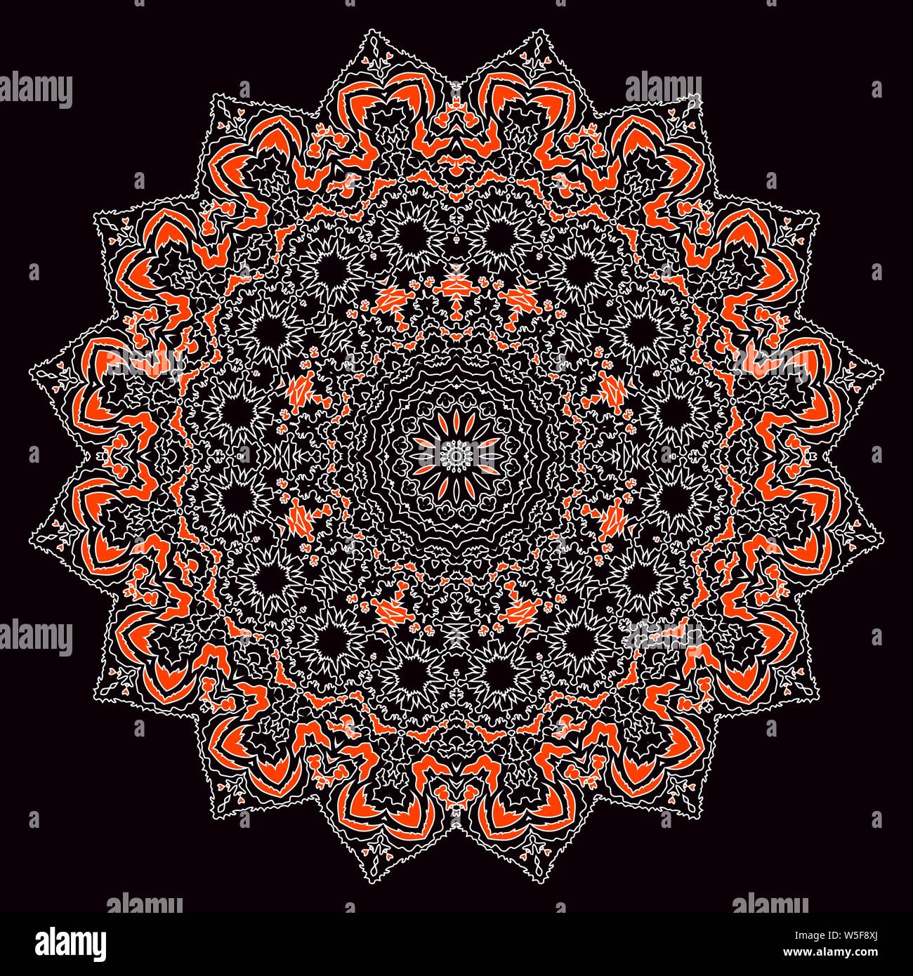 Red round ornament on black background. Ethnic floral mandala. Vector ...