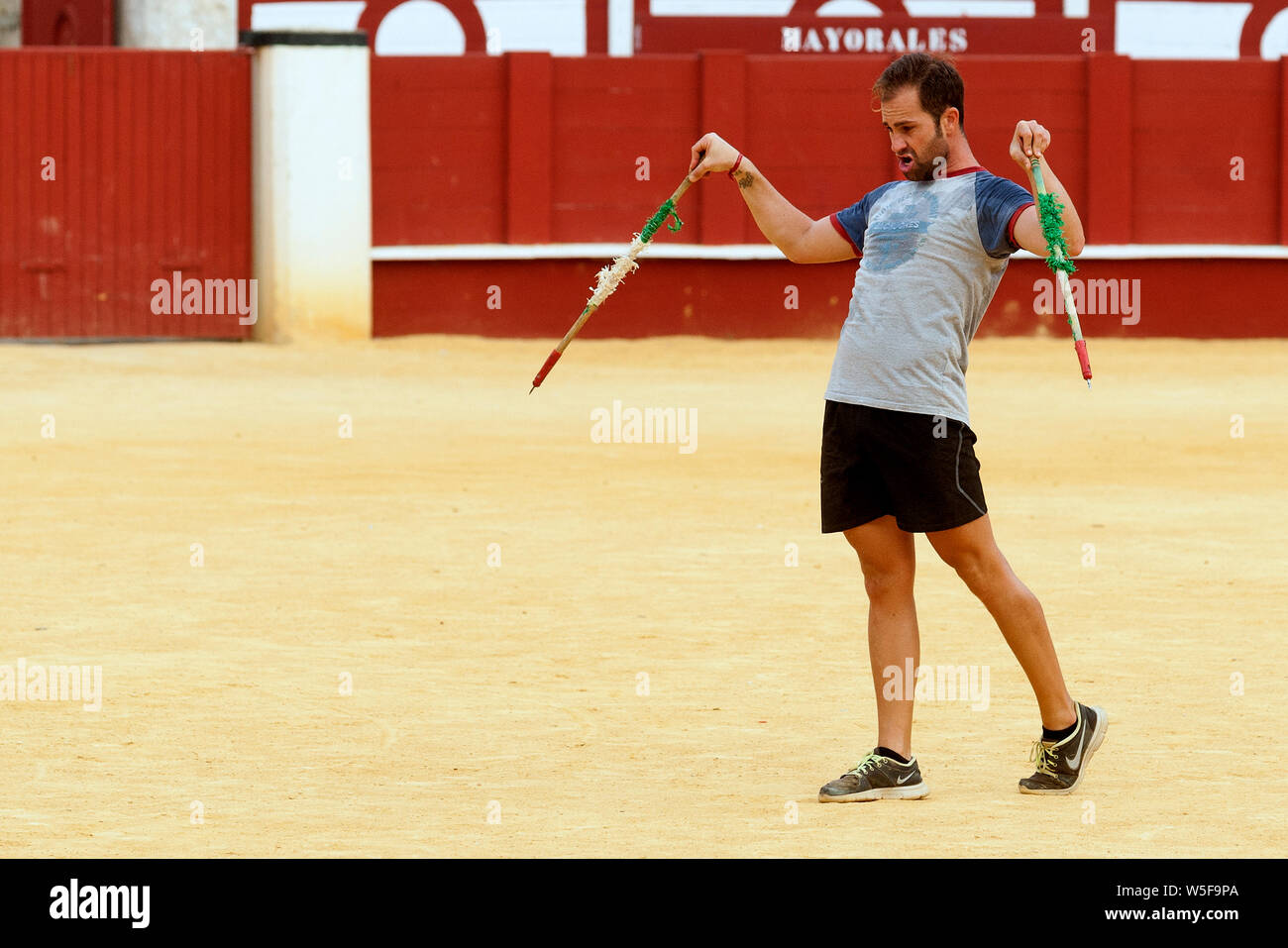 training of bullfighters apprentices in the bullring Plaza de toros of La Malagueta in Malaga, Andalusia, Spain Stock Photo