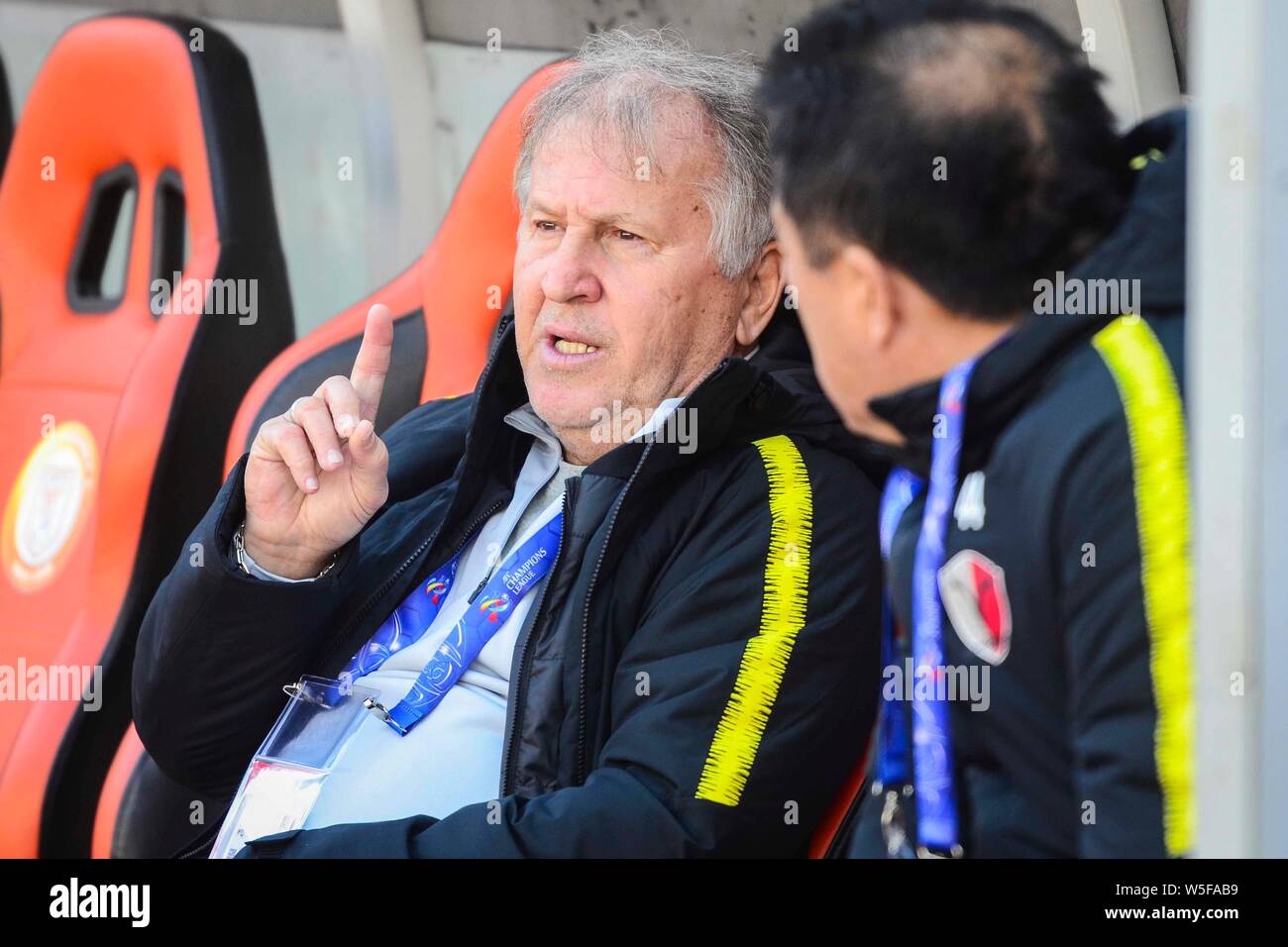 Technical director Arthur Antunes Coimbra, better known as Zico, of Japan's Kashima Antlers F.C. reacts as he watches his players taking part in a tra Stock Photo