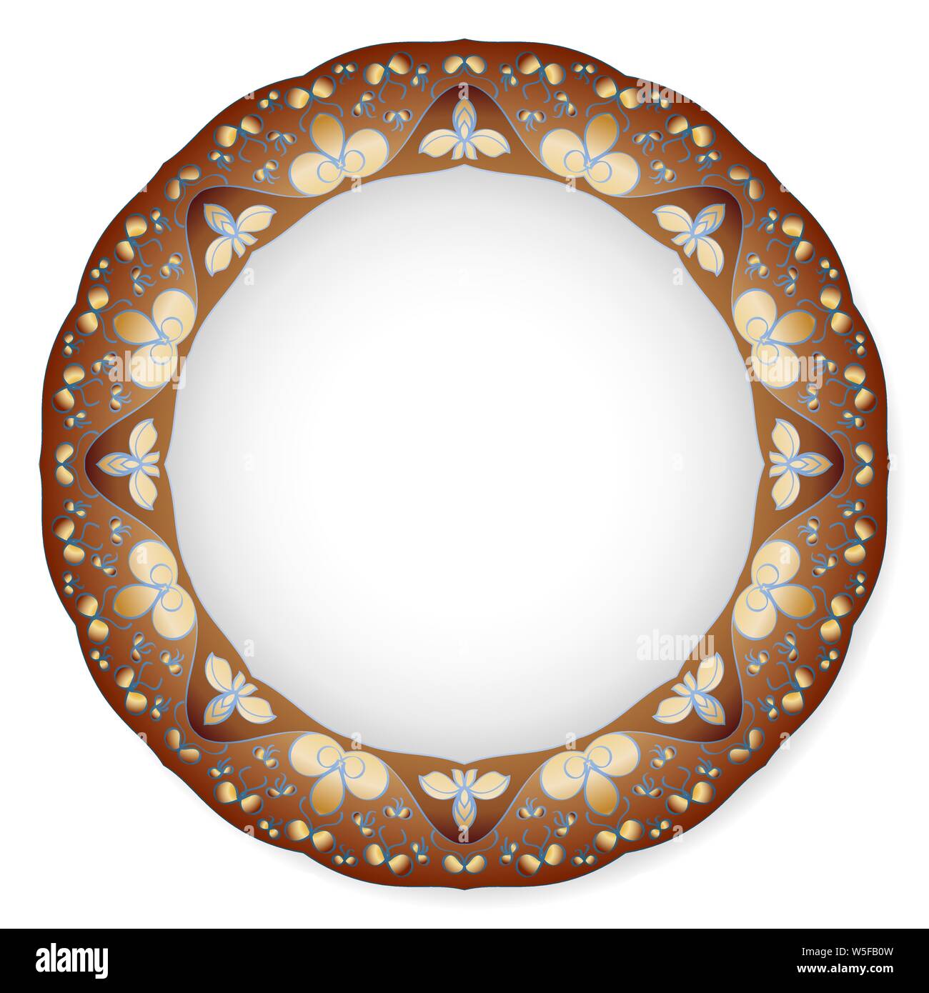 Plate with gold and blue circular ornament on brown backgraund. Stock Vector
