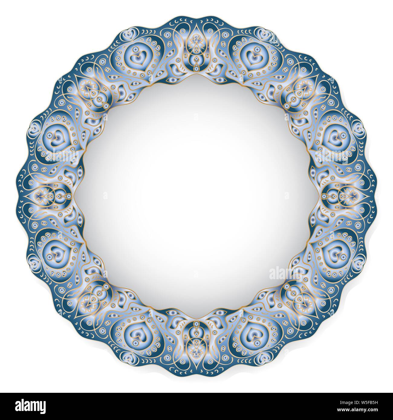 Circular blue flower pattern with empty space in the center. White porcelain plate with a stylized pattern in ethnic style. Vector illustration. Stock Vector