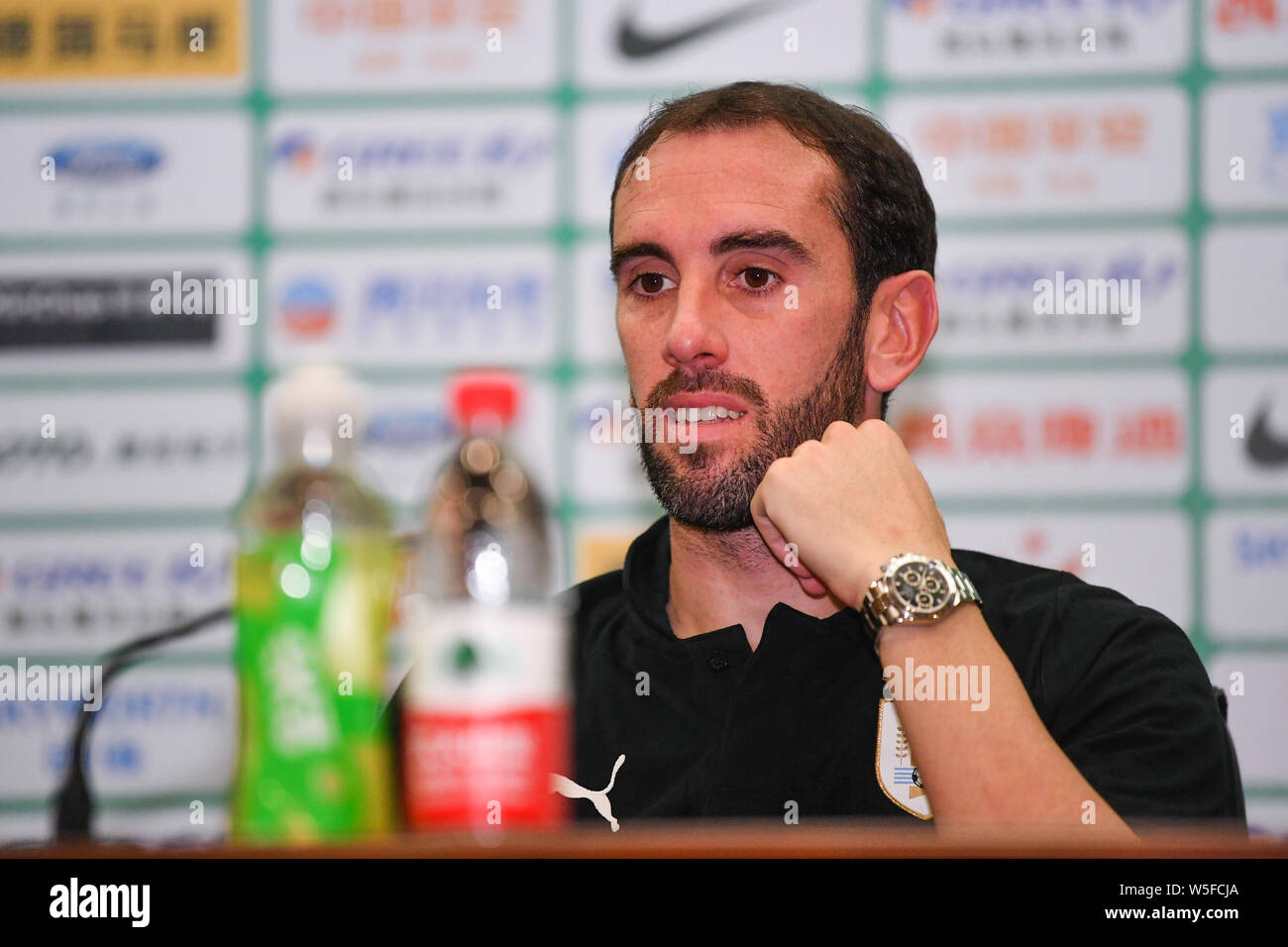 Diego Godin of Uruguay national football team attends a press conference for 2019 Gree China Cup International Football Championship against Uzbekista Stock Photo