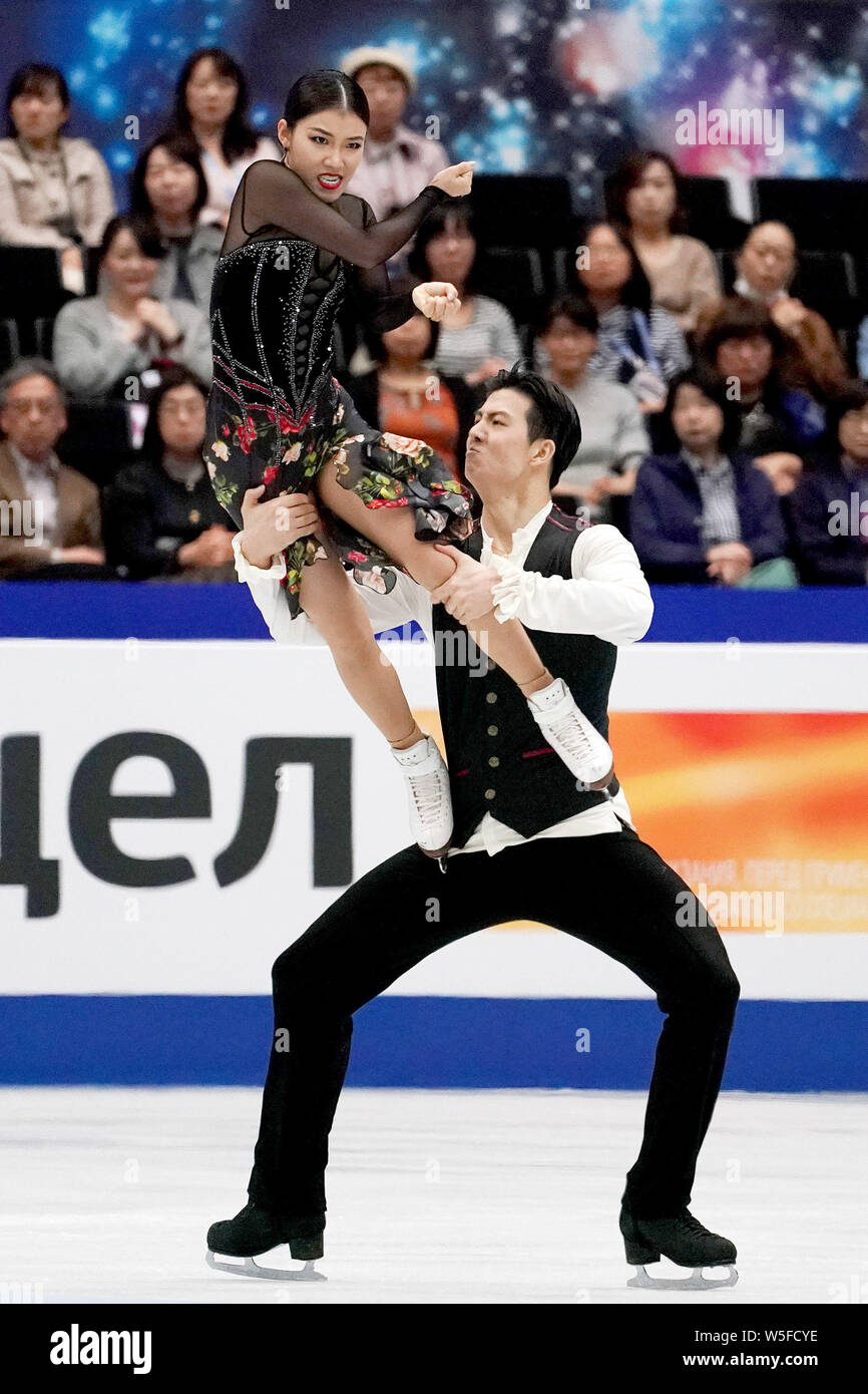 Chinese figure skaters Wang Shiyue and Liu Xinyu compete in the Ice Dance Rhythm Dance of the ISU 2019 World Figure Skating Championships in Saitama, Stock Photo