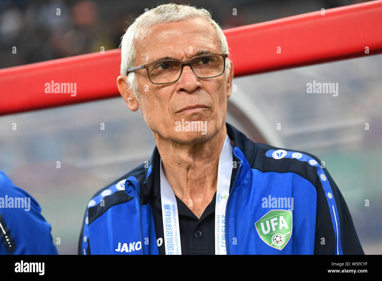 Head coach Hector Cuper of Uzbekistan looks on before their semi-final match of the 2019 China Cup International Football Championship against Uruguay Stock Photo