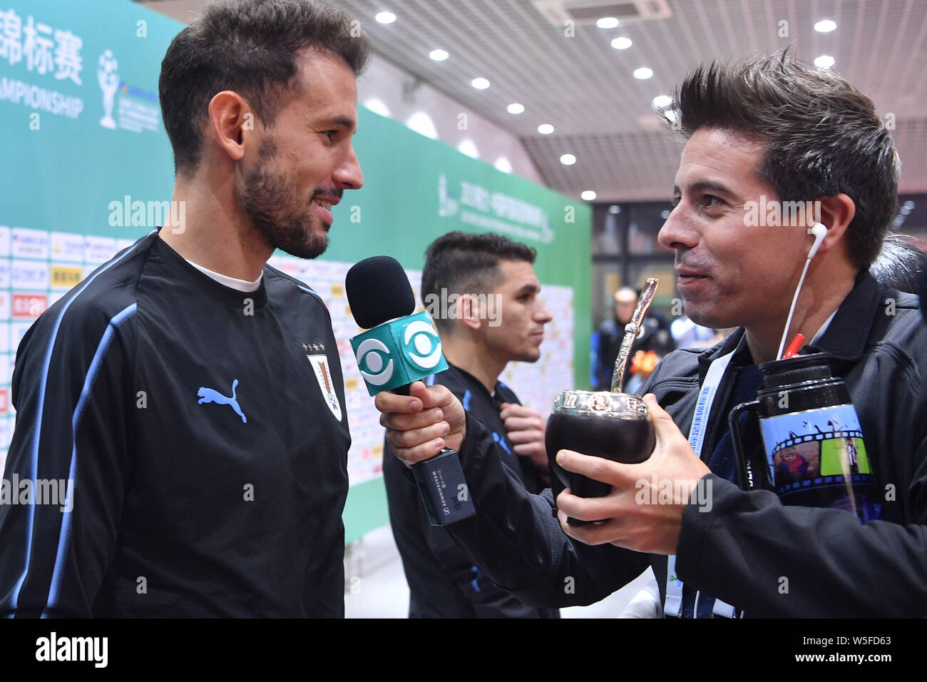 Cristhian Stuani of Uruguay national football team is interviewed after defeating Thailand national football team for the 2019 China Cup International Stock Photo