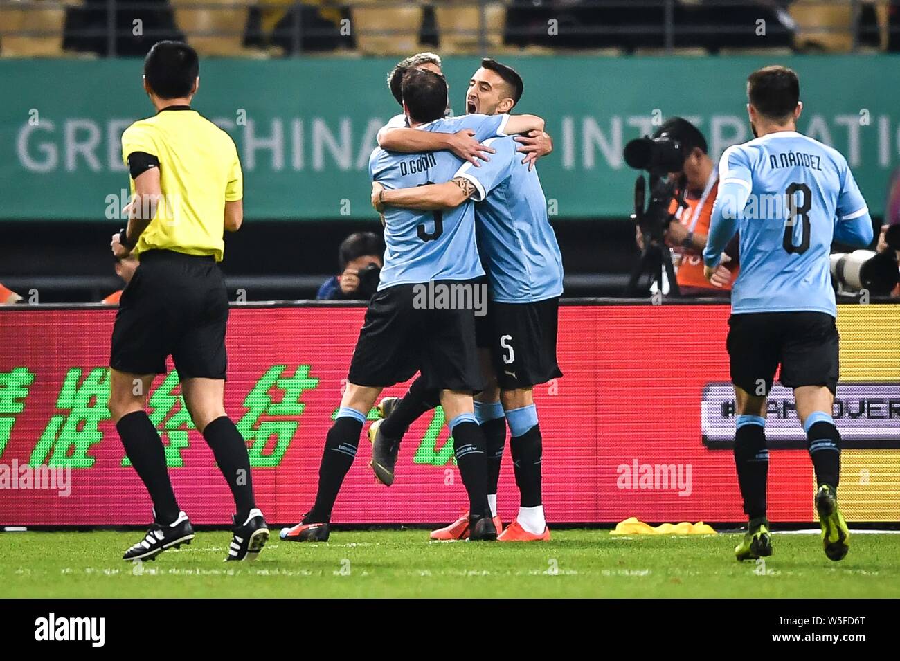 Matias Vecino, right, of Uruguay national football team celebrates with his teammates after scoring against Thailand national football team during the Stock Photo