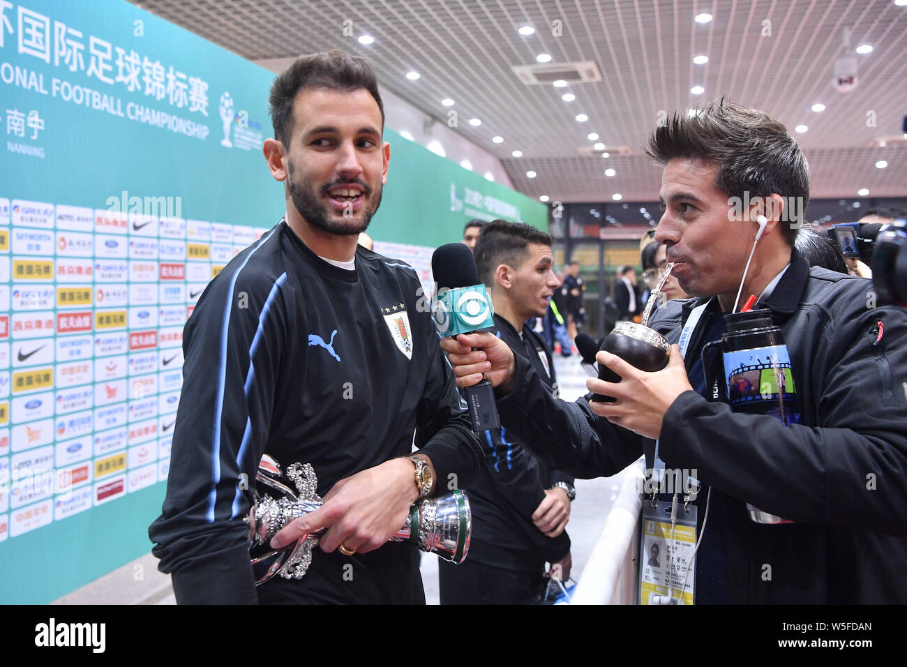 Cristhian Stuani of Uruguay national football team is interviewed after defeating Thailand national football team for the 2019 China Cup International Stock Photo