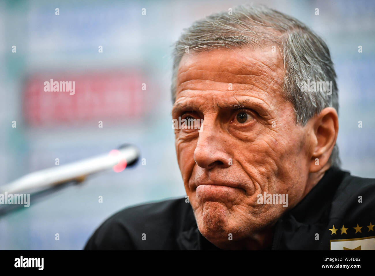 Head coach Oscar Tabarez of Uruguay national football team attends a press conference after defeating Thailand national football team for the 2019 Chi Stock Photo