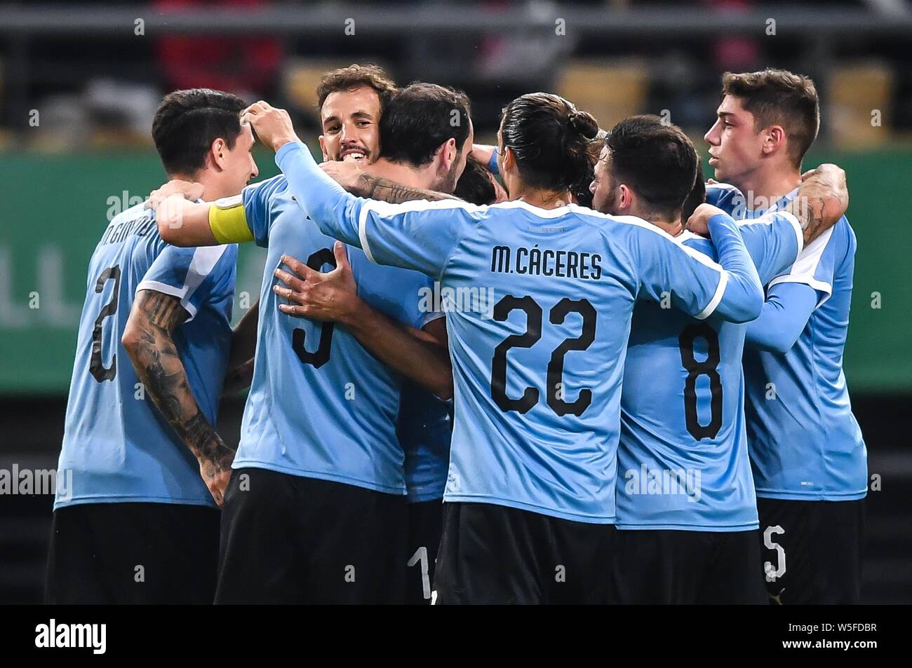 Cristhian Stuani, center left, of Uruguay national football team celebrates with his teammates after scoring against Thailand national football team d Stock Photo