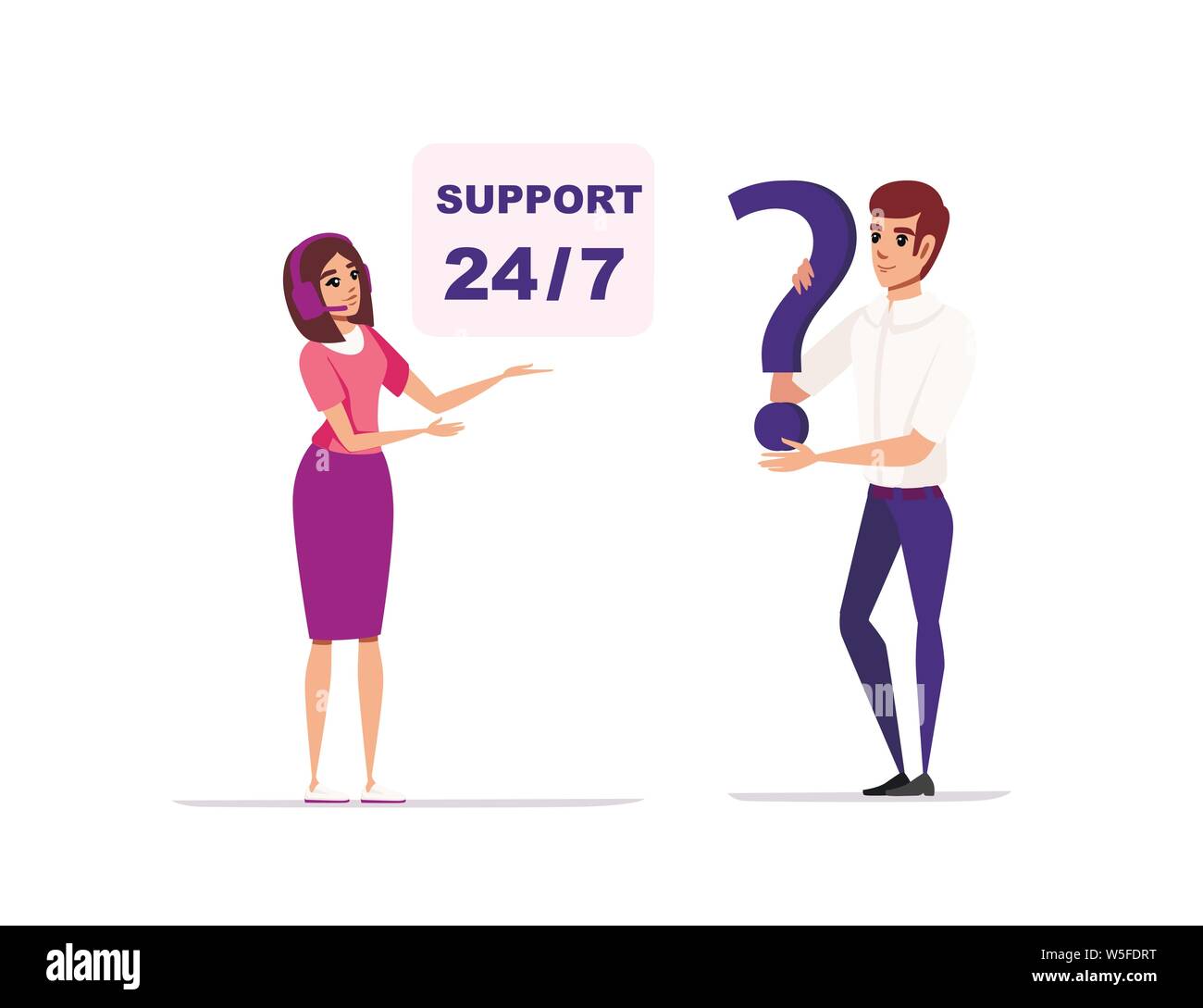 Concept customer support and operator online technical support 24-7 cartoon character design flat vector illustration on white background. Stock Vector
