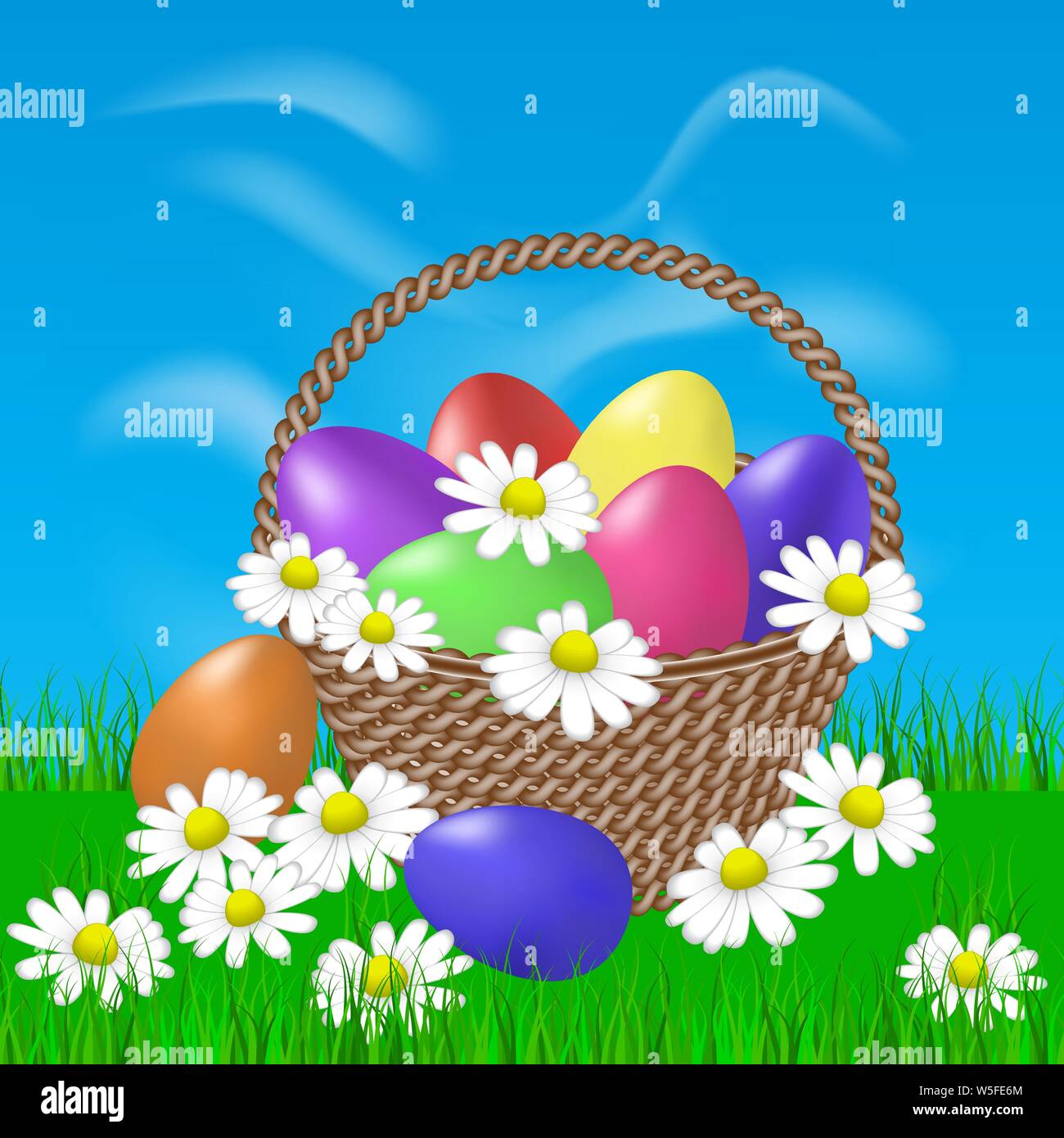 Easter painted eggs in a basket and daisies Stock Vector