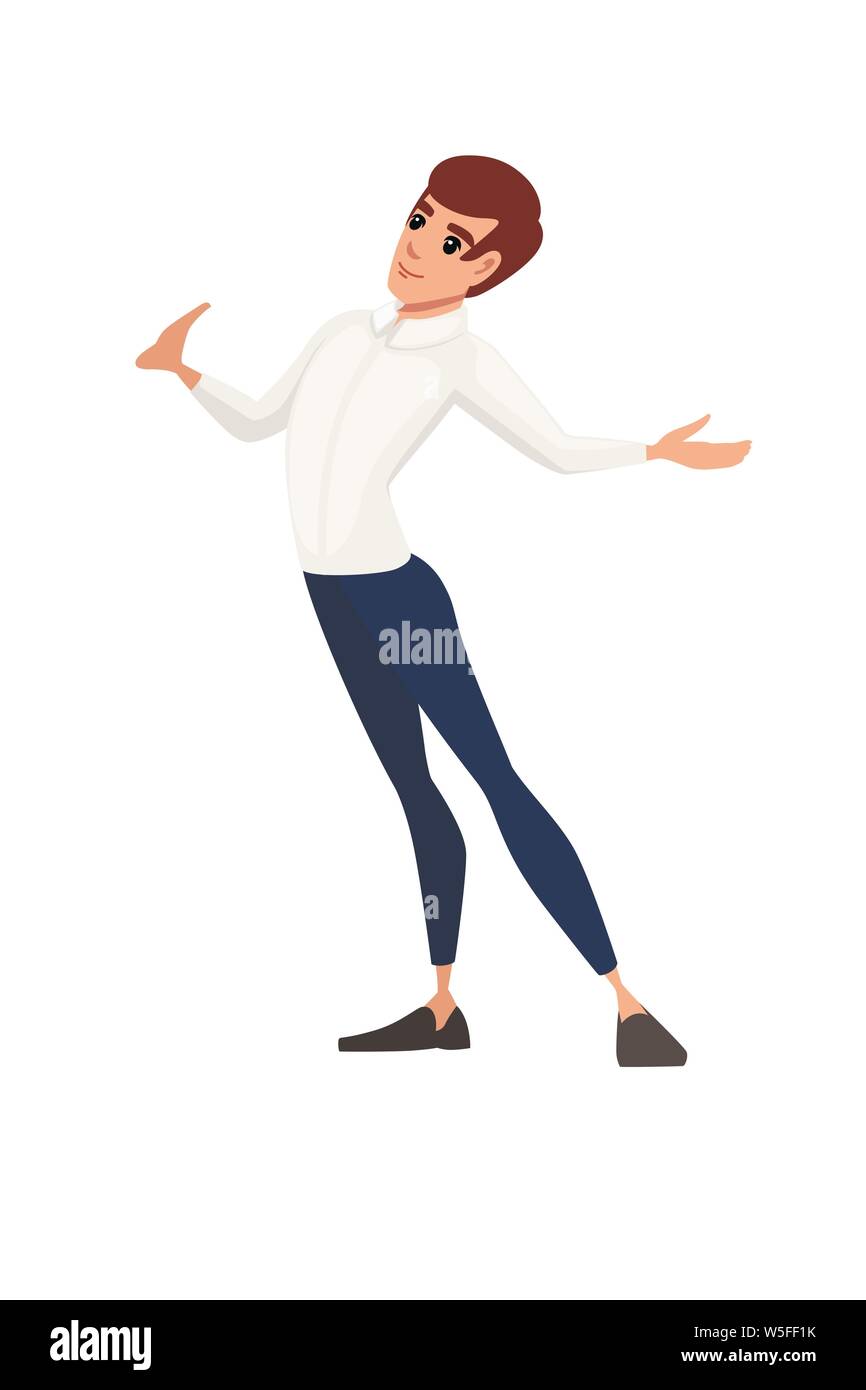 Man wearing suit with upraised hand cartoon character design flat vector illustration isolated on white background? Stock Vector