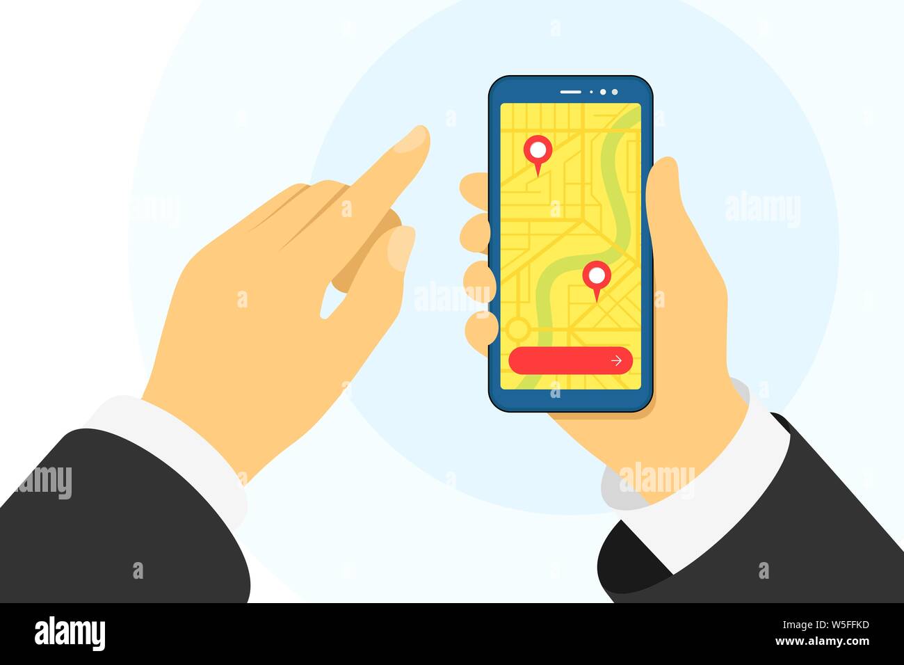 Hand holding phone and city map with gps navigation marker pins location on screen. Mobile device tracking navigator app. Flat smartphone application vector illustration Stock Vector