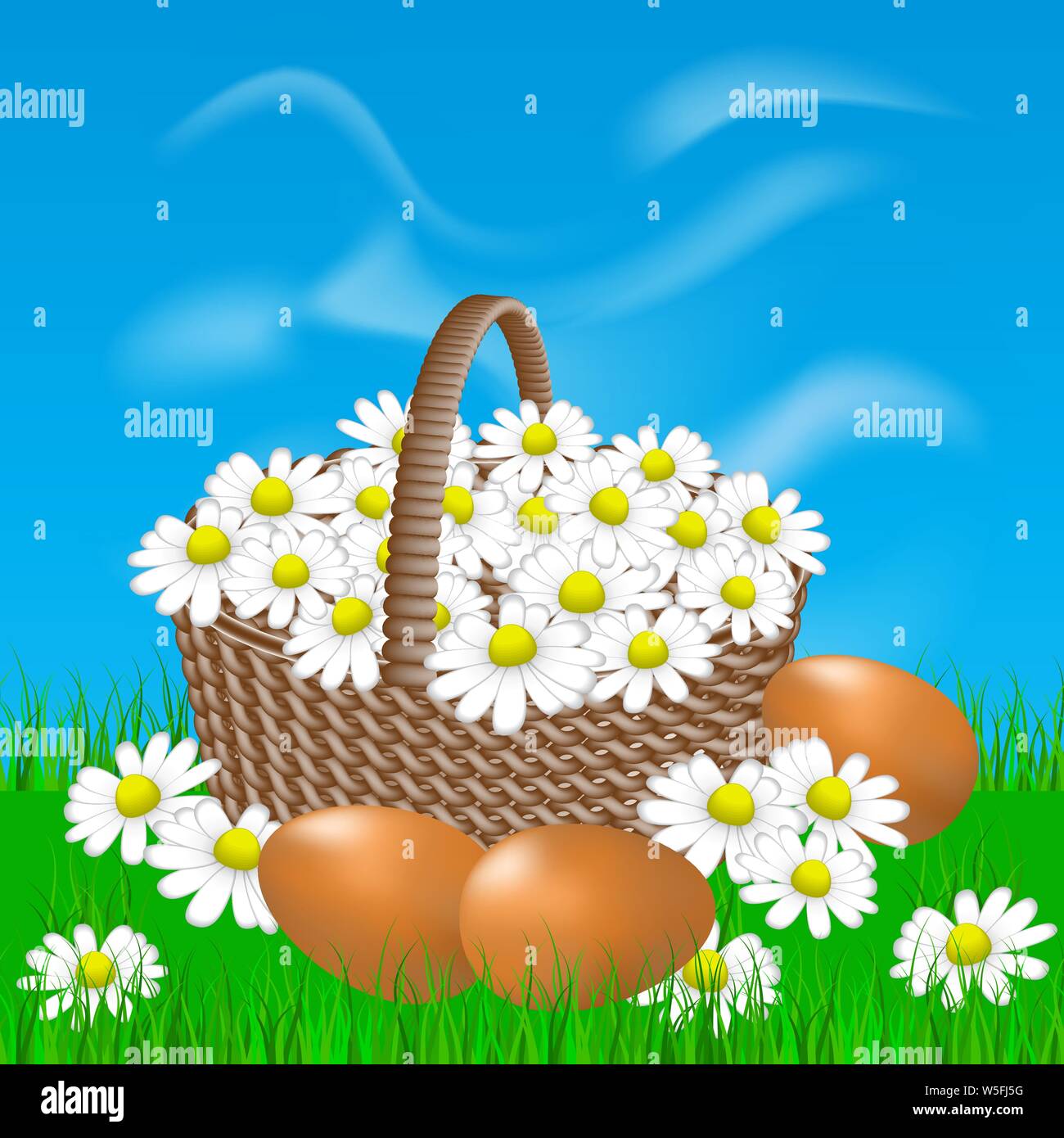 Basket with daisies and eggs on the grass. Vector illusrtation. Stock Vector