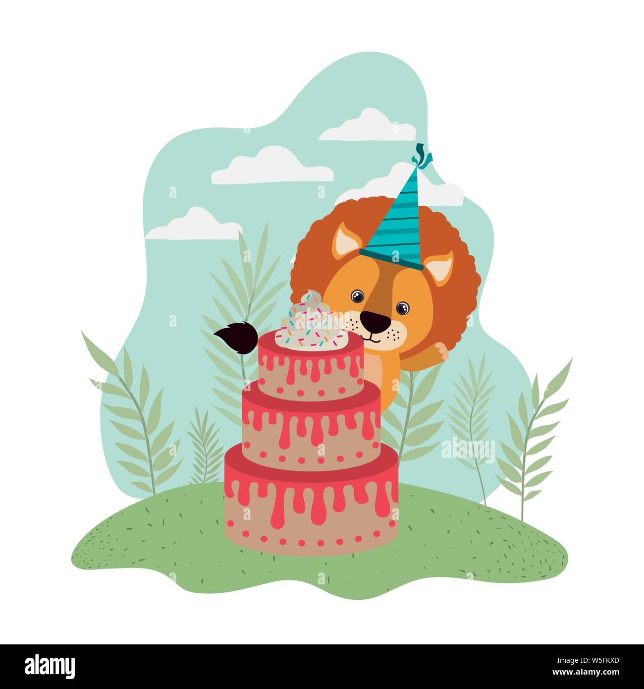 cute lion with cake of happy birthday Stock Vector Image & Art - Alamy