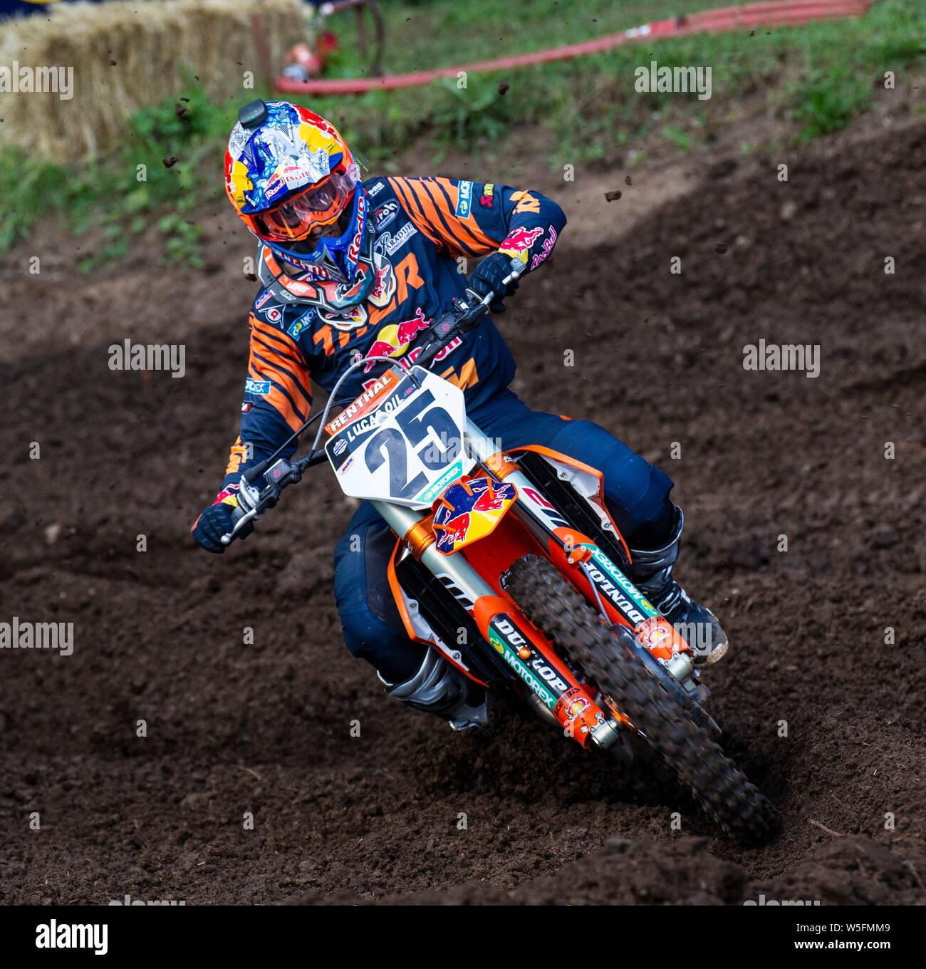 Washougal, WA USA. 27th July, 2019. # 25 Marvin Musqin coming out of turn 25 during the Lucas Oil Pro Motocross Washougal National 450 class championship at Washougal MX park Washougal, WA Thurman James/CSM/Alamy Live News Stock Photo