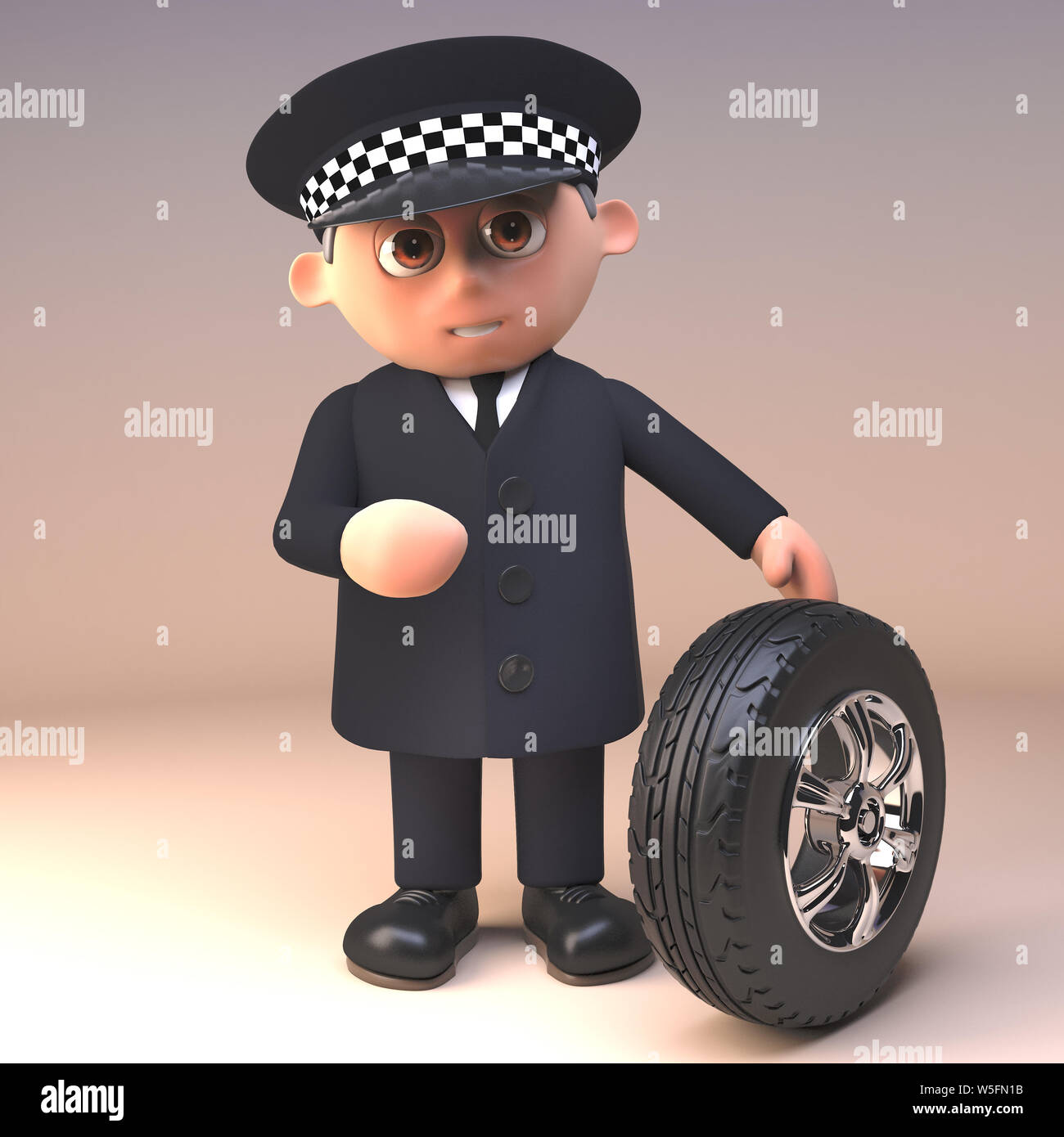 Serious policeman police officer character is checking the tread depth ...