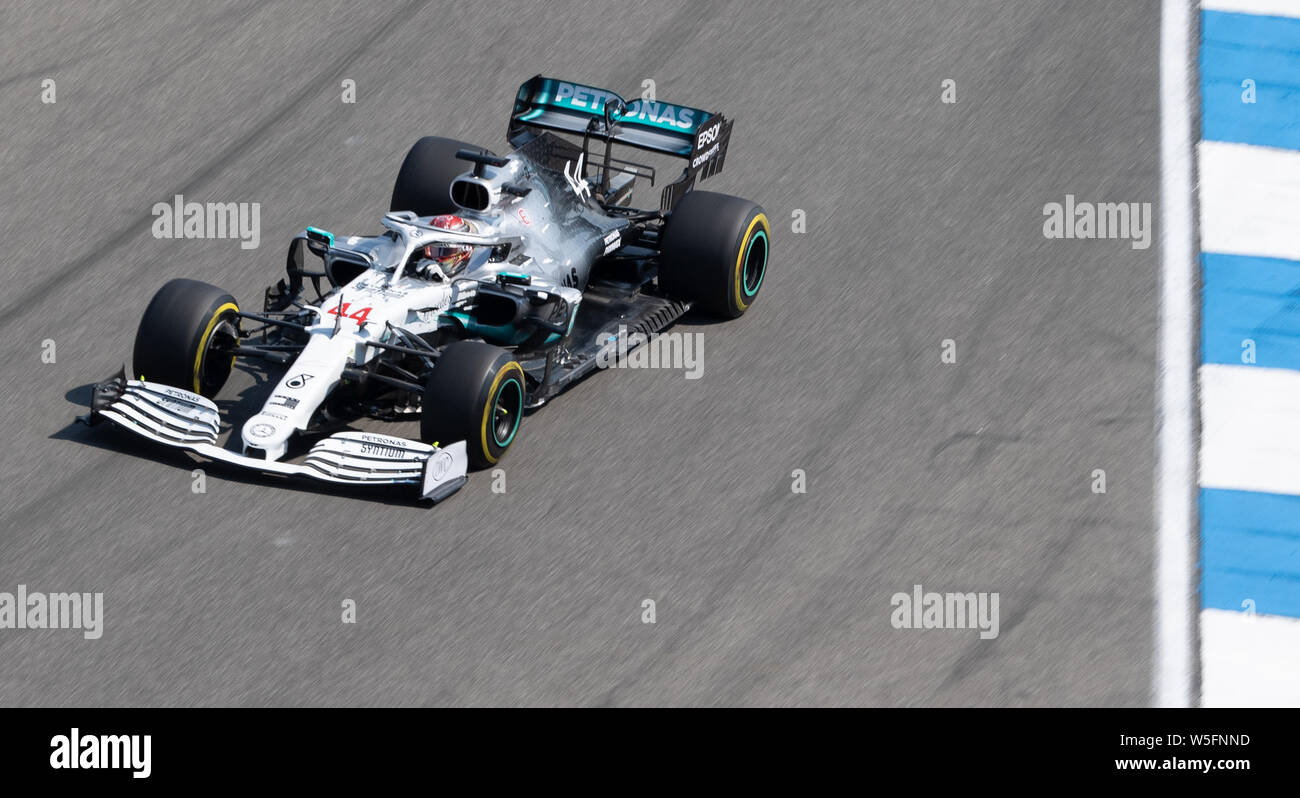 Hockenheim, Germany. 26th July, 2019. Motorsport: Formula 1 World Championship, Grand Prix of Germany. Lewis Hamilton from Great Britain of the Mercedes-AMG Petronas team drives in the first free practice session. Credit: Sebastian Gollnow/dpa/Alamy Live News Stock Photo
