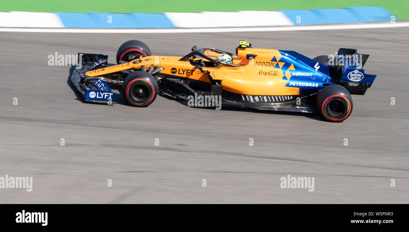 Hockenheim, Germany. 26th July, 2019. Motorsport: Formula 1 World Championship, Grand Prix of Germany. Lando Norris from Great Britain of Team McLaren F1 drives in the first free practice. Credit: Sebastian Gollnow/dpa/Alamy Live News Stock Photo